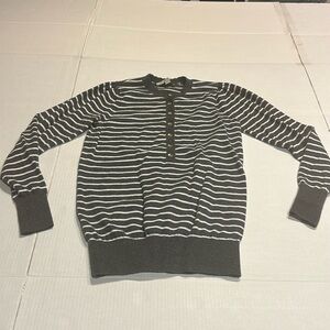 Loft striped gray and white sweater with gold buttons and ribbed cuffs & waist